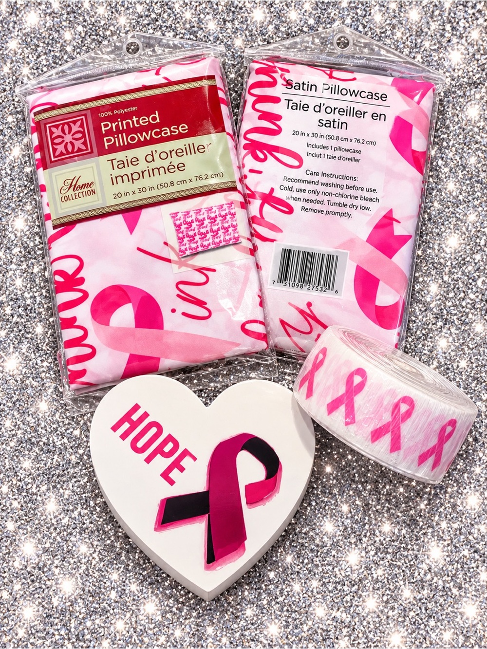 Home Collection Breast Cancer Awareness Satin Pillowcases Set With Decor
